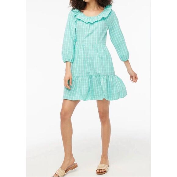 NEW J.CREW SIZE 4 Dress Mini Cotton Seersucker Ruffleneck Long Sleeve Green - Picture 1 of 7